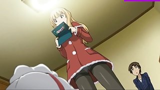 Blonde in red suit in hentai porn scene