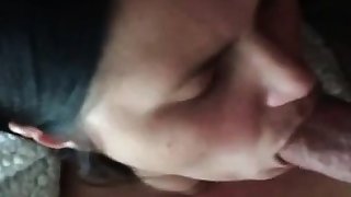Cute girlfriend gives nice POV blowjob and tit cumshot